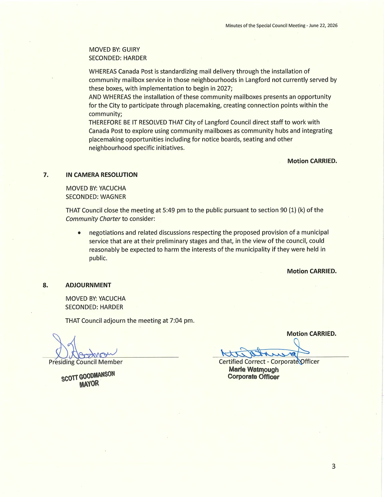 Community mailboxes placemaking notice and meeting resolutions