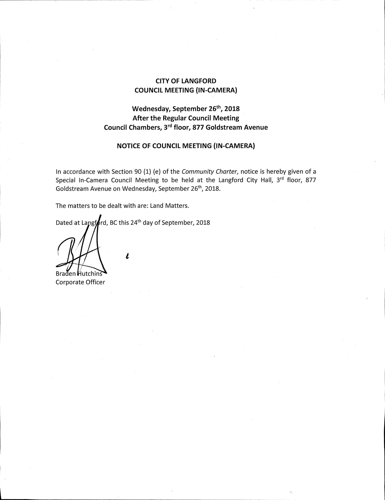 Notice of Council Meeting (In-Camera) page