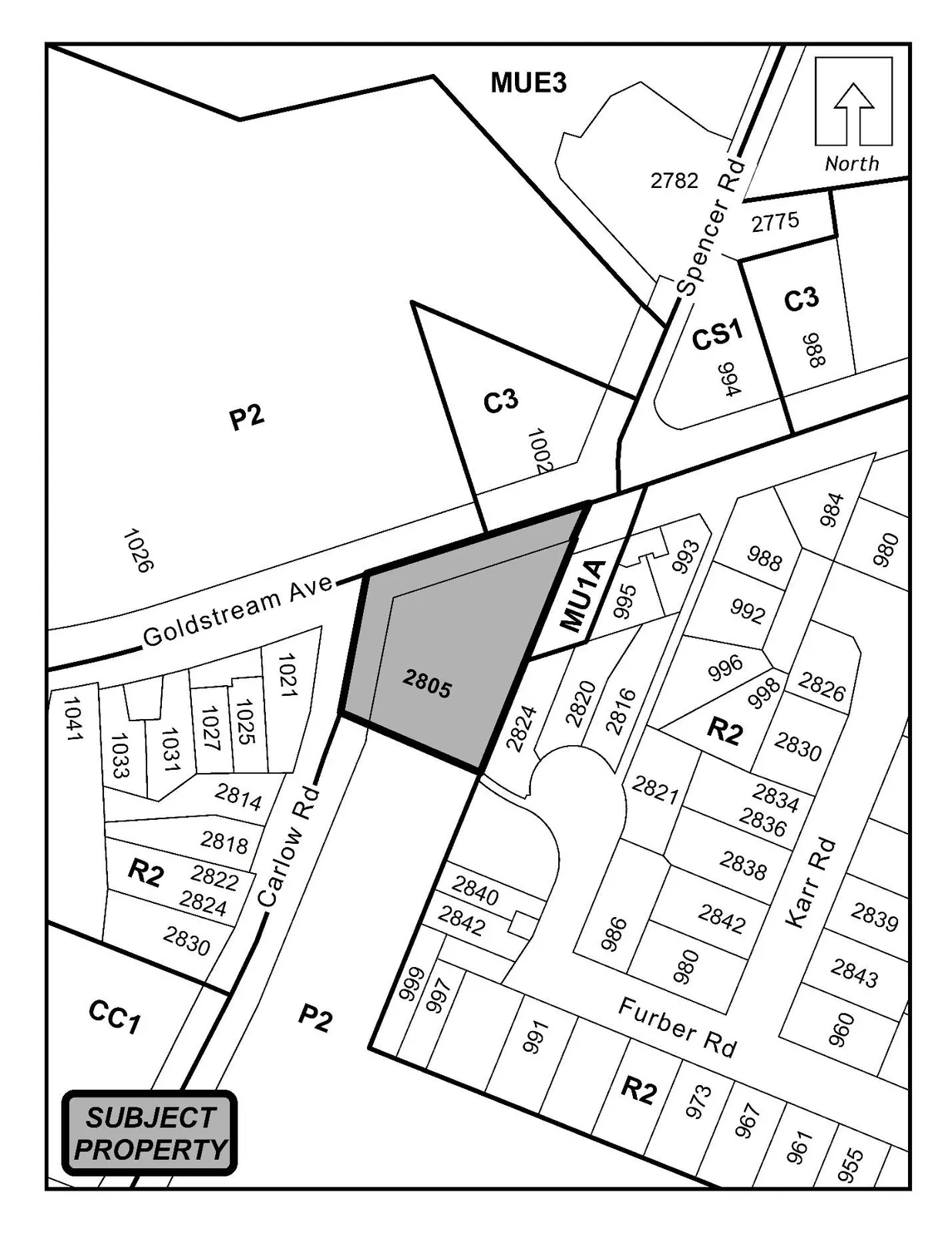 Schedule A map showing the shaded portion of Lot A (2805 Carlow Road) as referenced in the bylaw