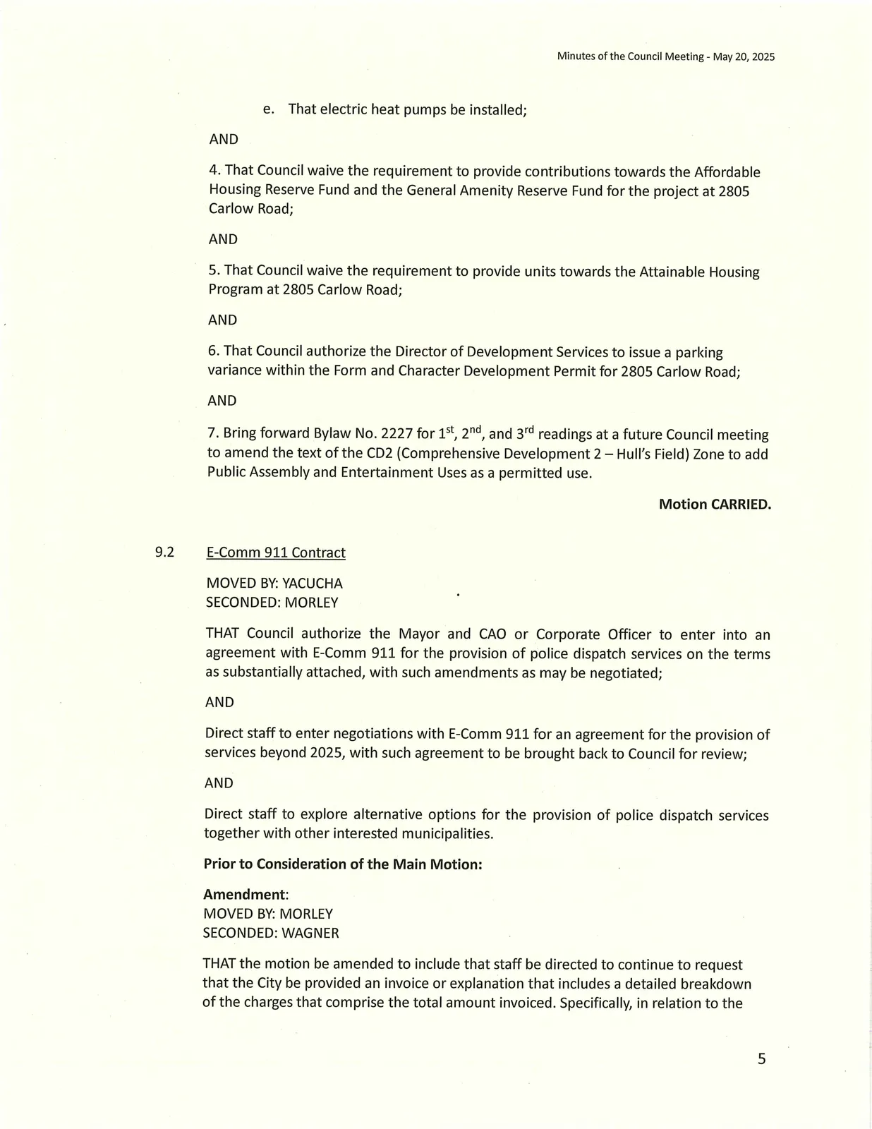 Bylaw No. 2171 rezoning application (2805 Carlow Road) motion text