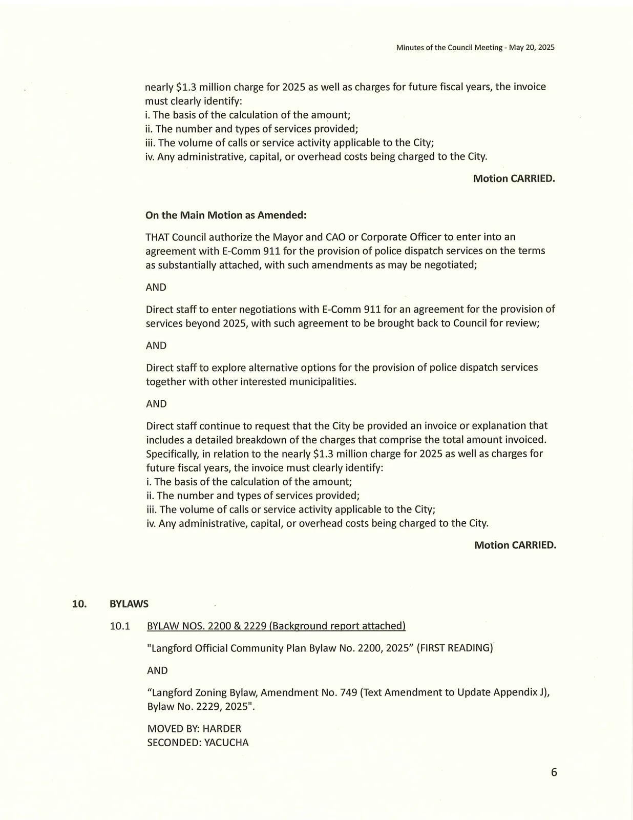 E-Comm 911 contract motion and amendment regarding invoice breakdown