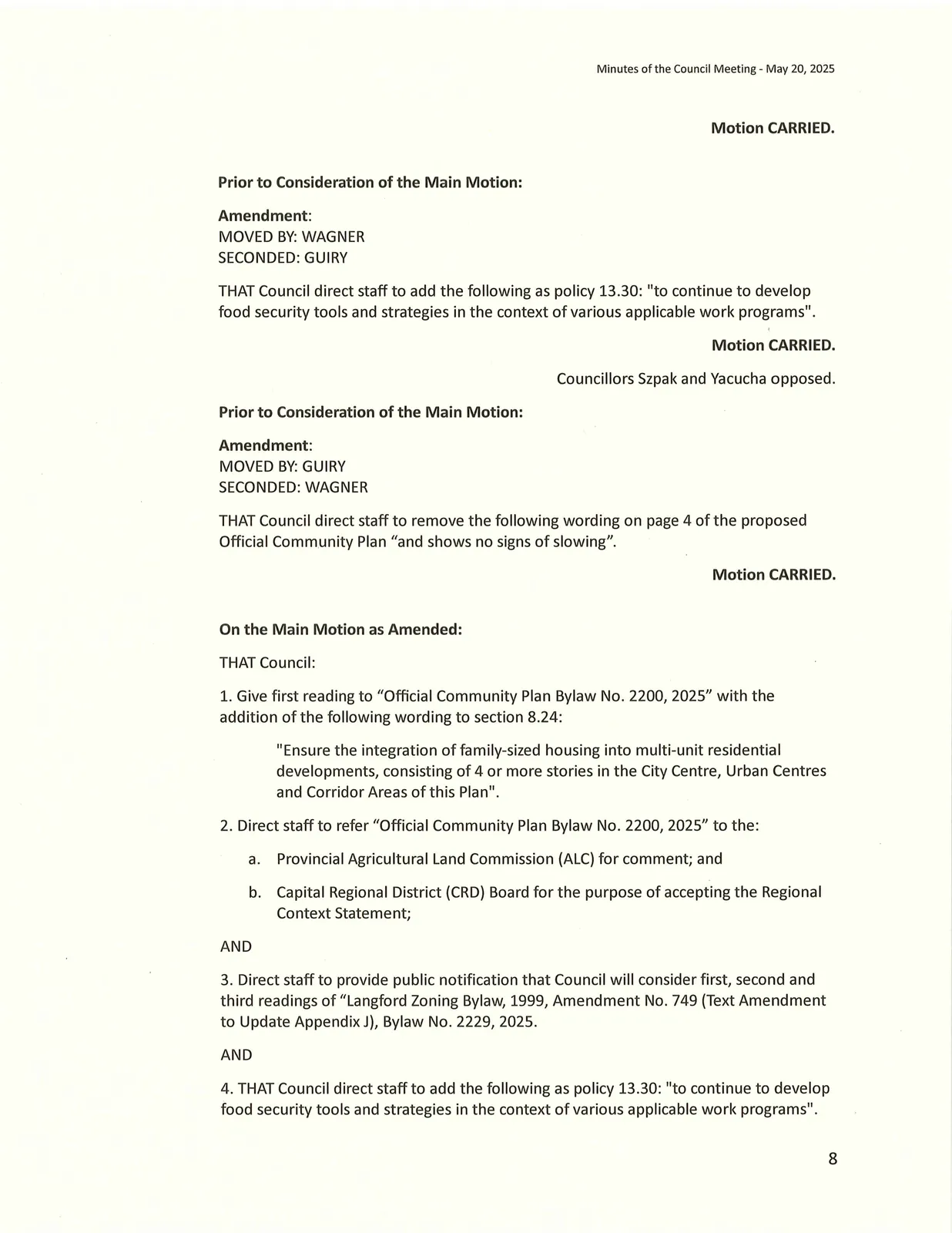 Motions and amendments related to Official Community Plan Bylaw No. 2200, 2025 and policy 13.30