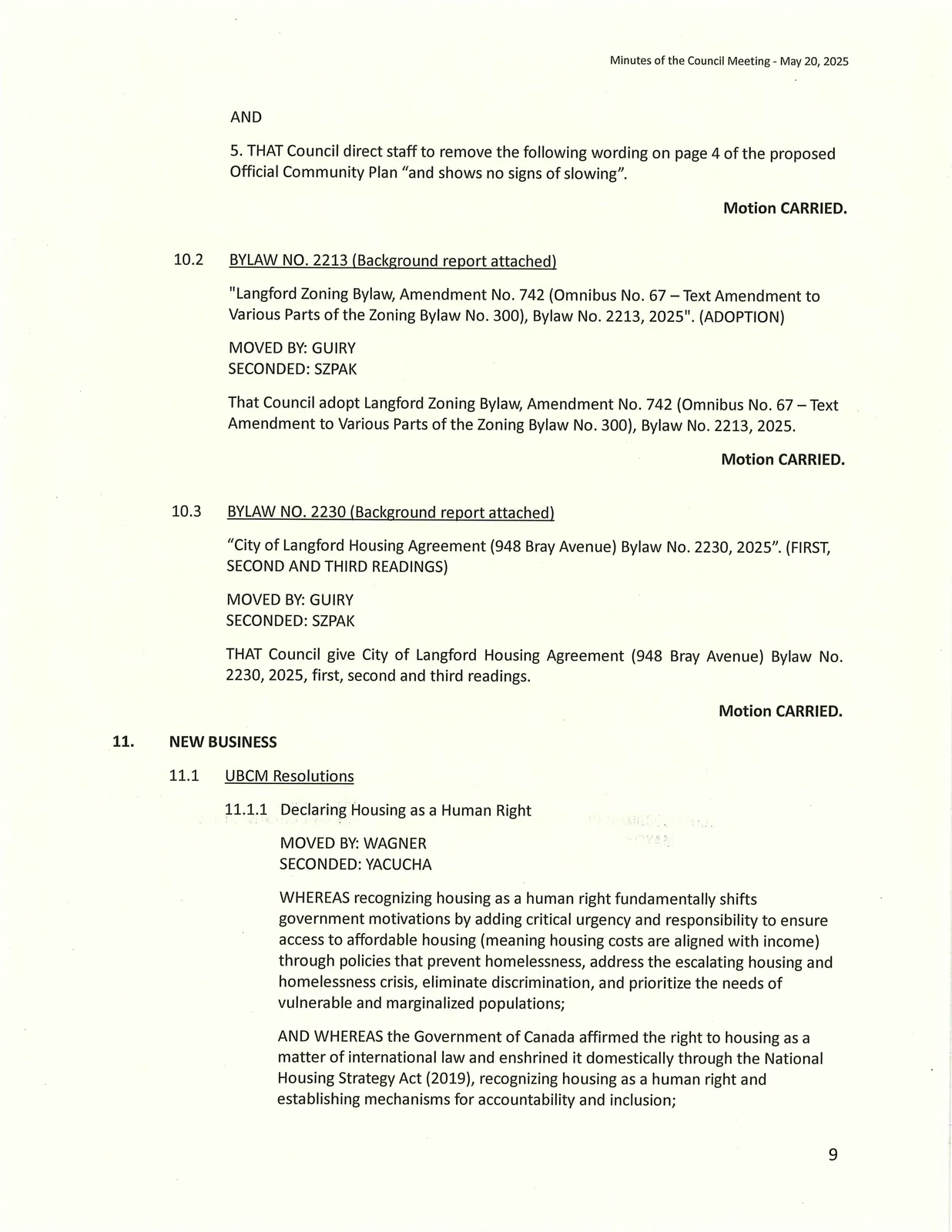 Adoption of Bylaw No. 2213 and readings for Bylaw No. 2230