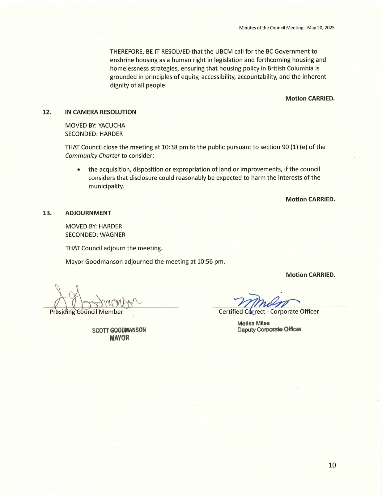 UBCM resolution declaring housing as a human right, In Camera resolution, and adjournment