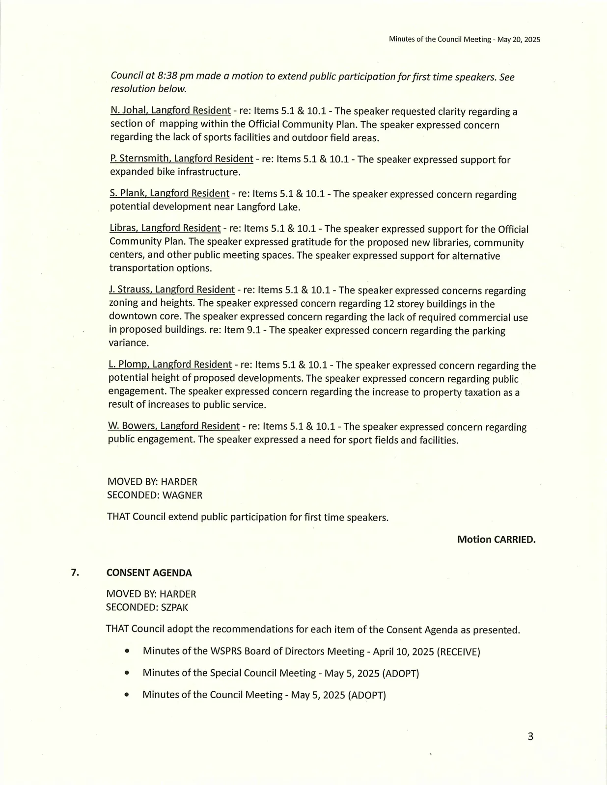 Continued public participation speakers list and motion to extend public participation