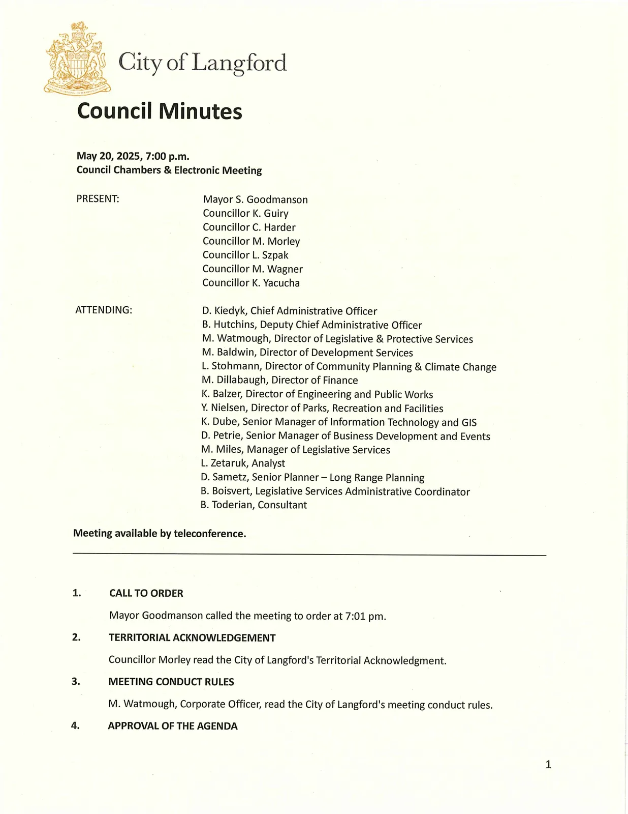 Attendance list and meeting call-to-order information