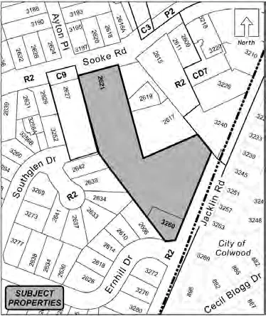 Map showing 2621 Sooke Road and 3260 Jacklin Road shaded