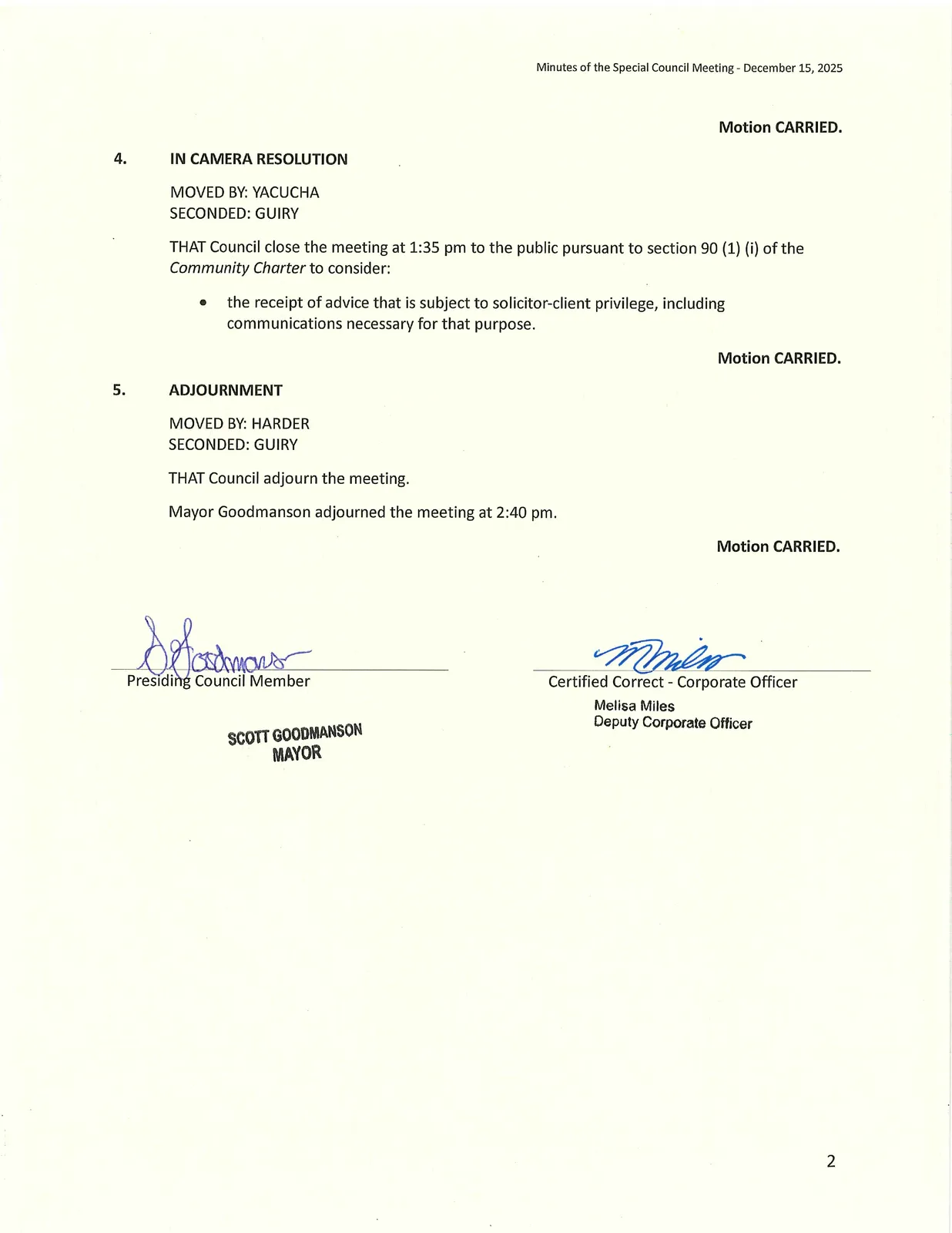 Scan of page 2 showing in camera resolution, adjournment and certification section
