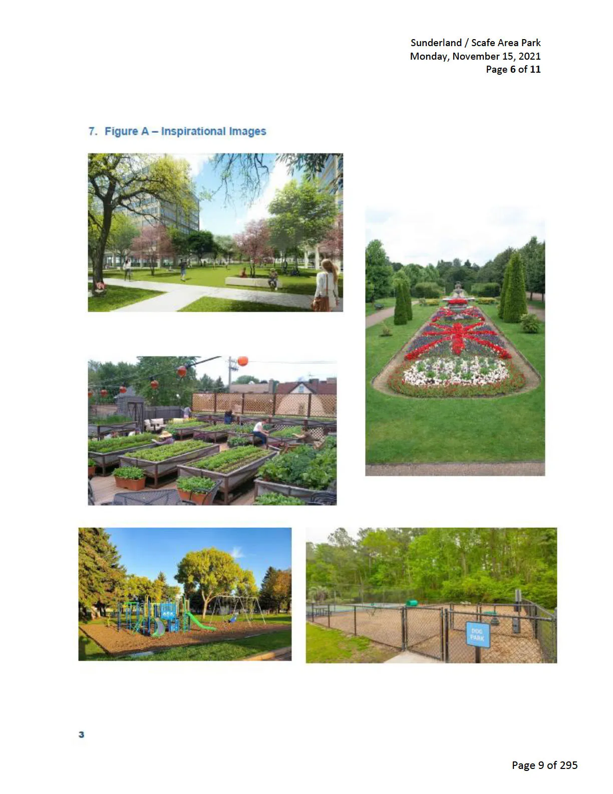 Inspirational images — park green space renderings, community garden boxes, playground, fenced dog park