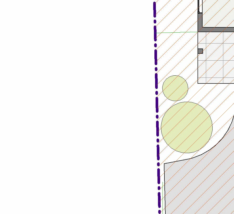 Zoom / detail of metric site plan annotations and dimensions (setbacks, lot areas, building envelopes, parking and vehicle paths)