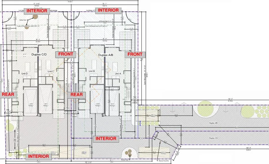Proposed Site Plan (detailed metric site plan showing lot areas, setbacks, building envelopes, parking and vehicle paths)