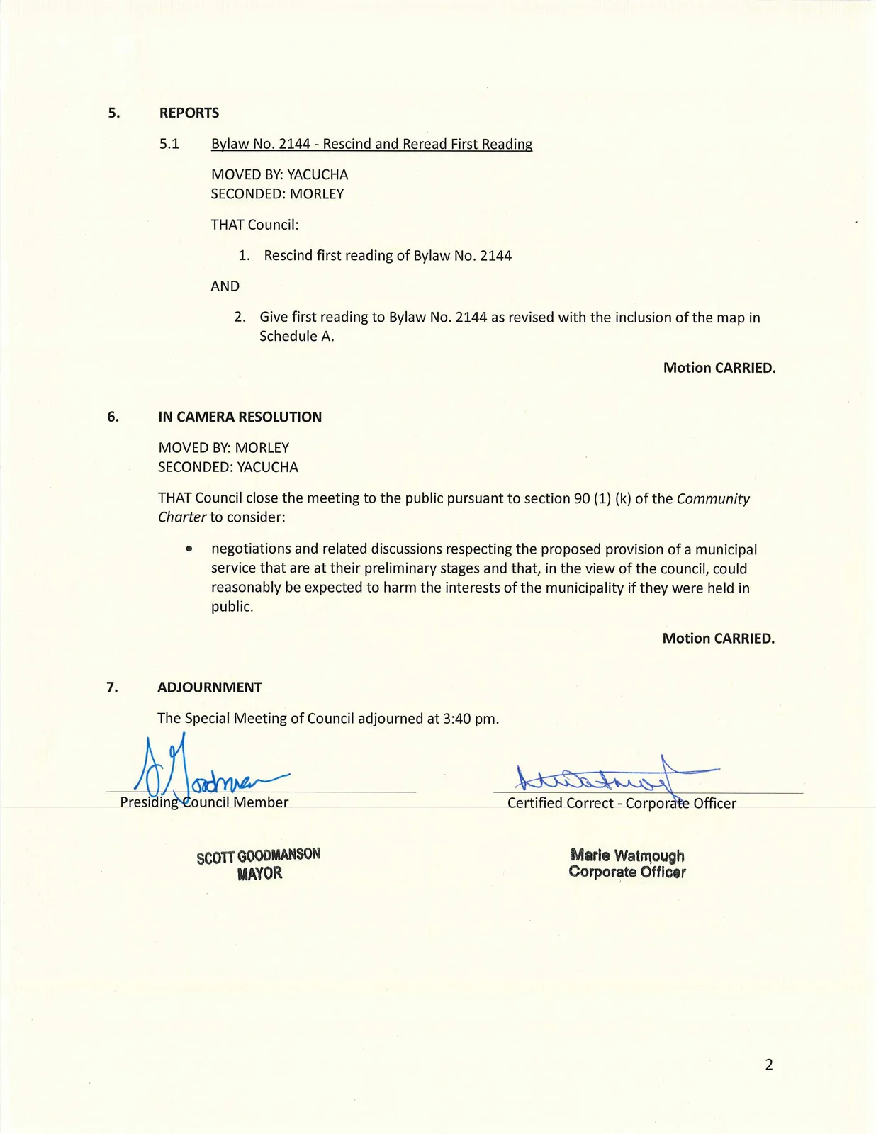 Scanned page of Special Council Minutes (page 2)