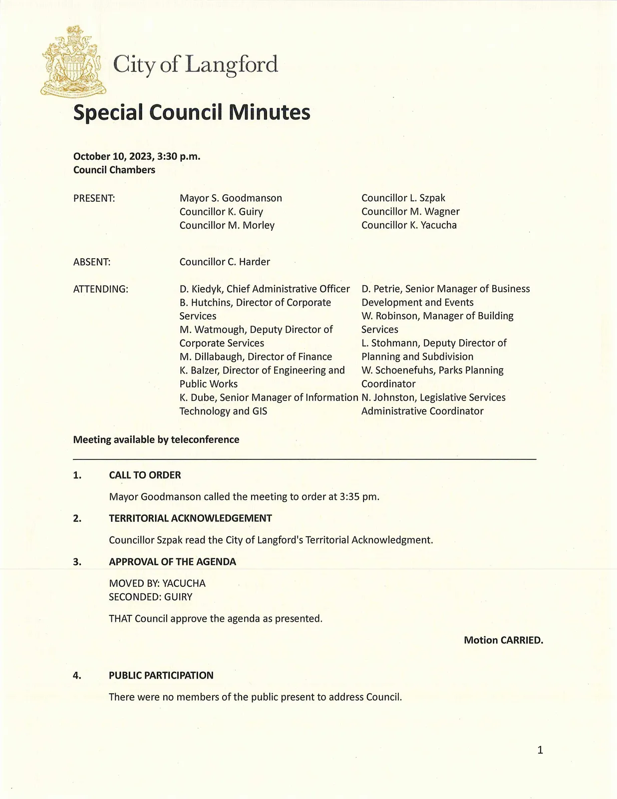 Scanned page of Special Council Minutes (page 1)