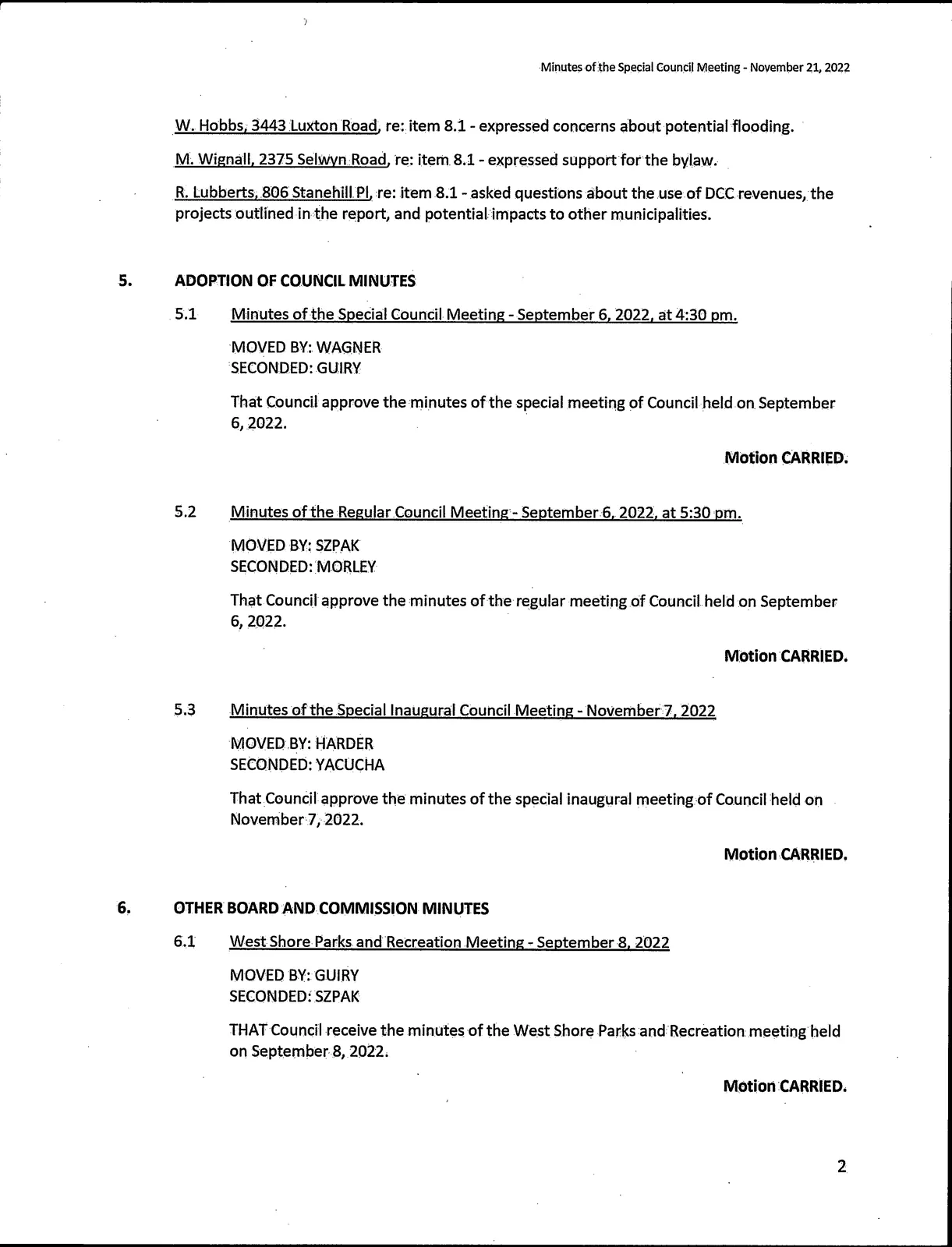 Page scan of public participation and adoption of minutes