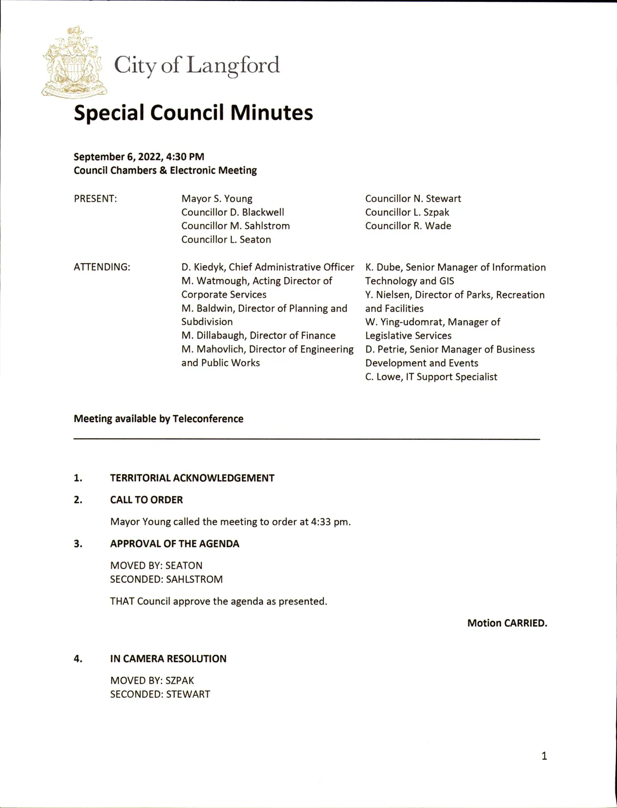 Page 1 — meeting attendees and agenda