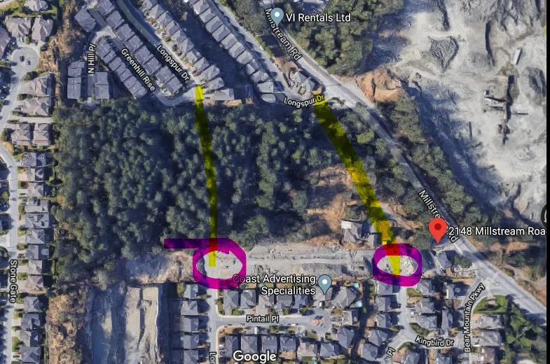 Figure 2 — Showing proposed road connections of Public Roads, Longspur Drive and Kingbird Drive (highlighted), and temporary turnarounds