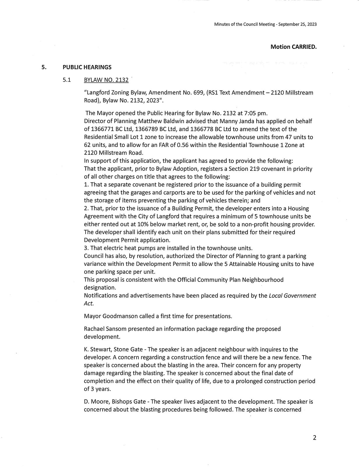 Pages showing start of Public Hearings and Bylaw No. 2132 content