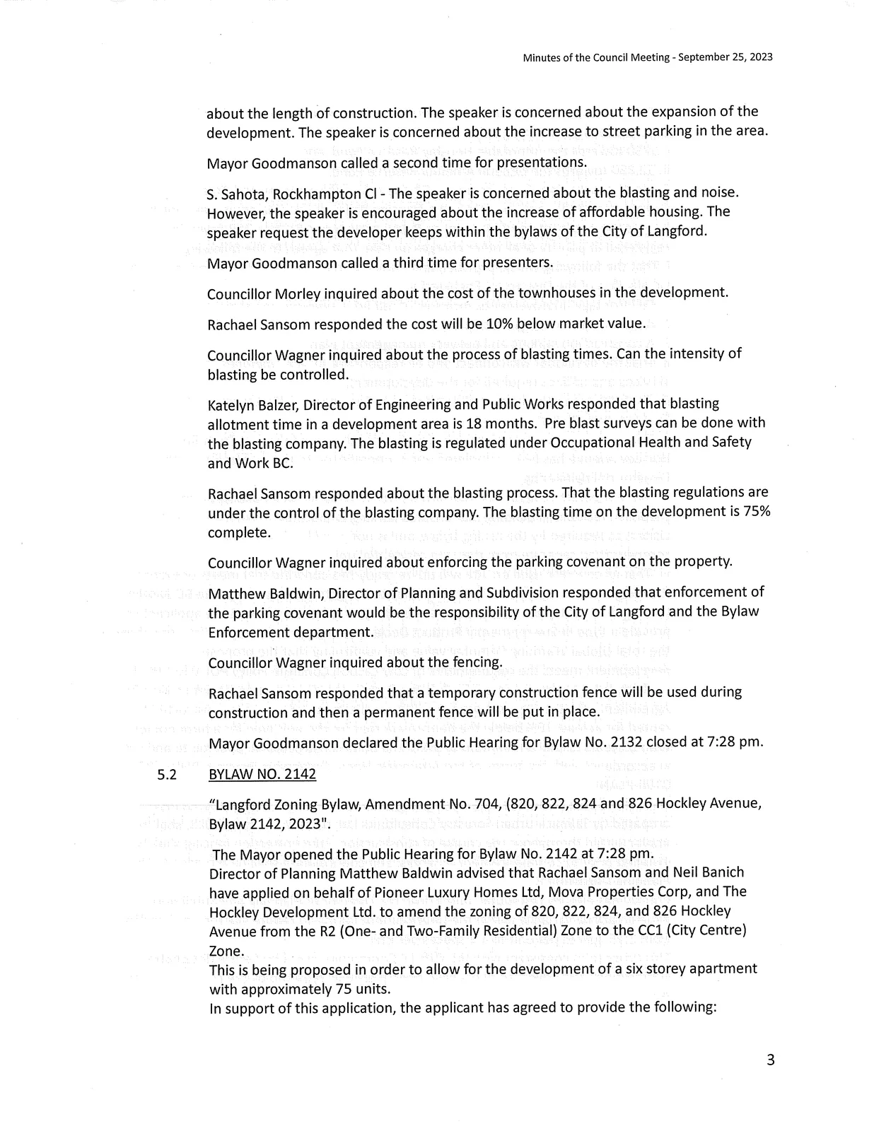 Page with Bylaw No. 2142 Public Hearing opening and application overview