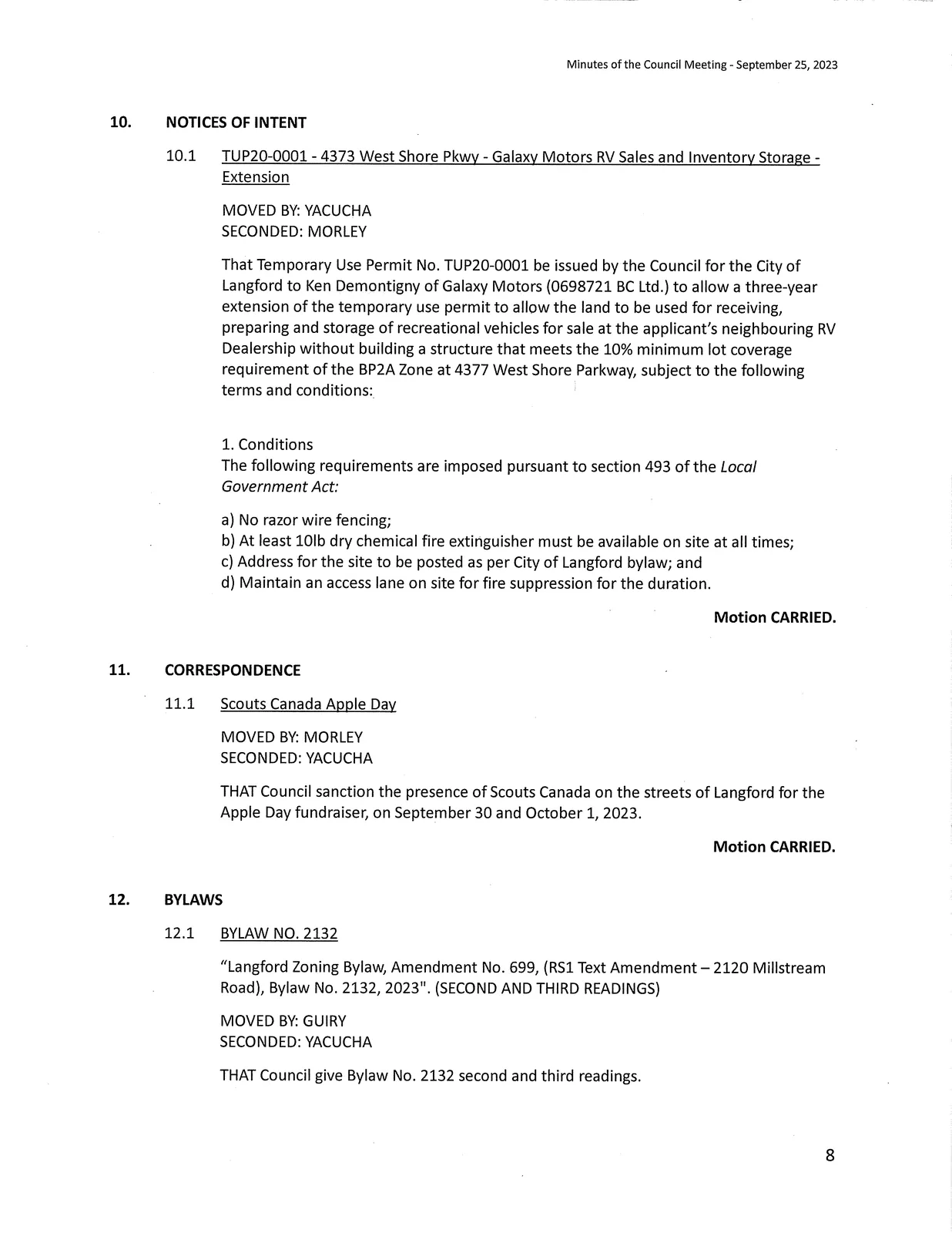 Page showing Notices of Intent (TUP20-0001) and Correspondence