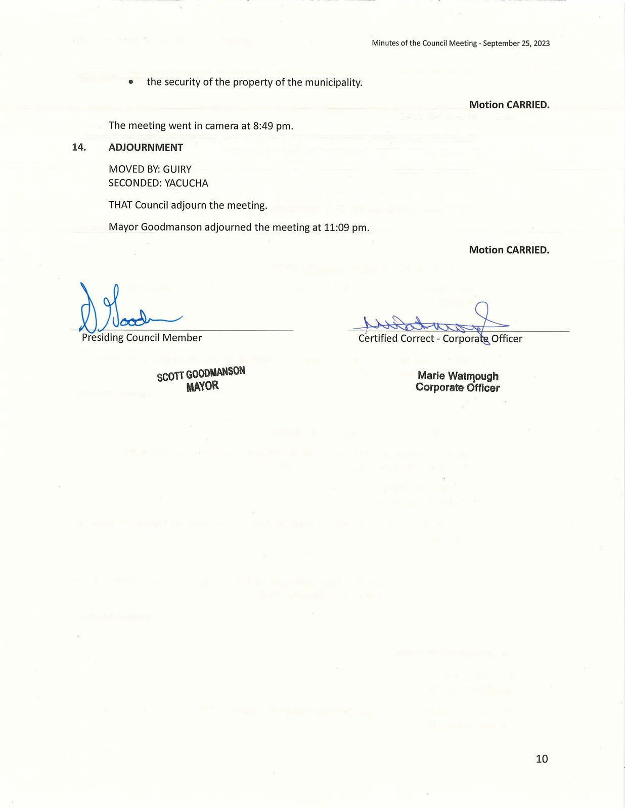 Page showing In Camera resolution and adjournment
