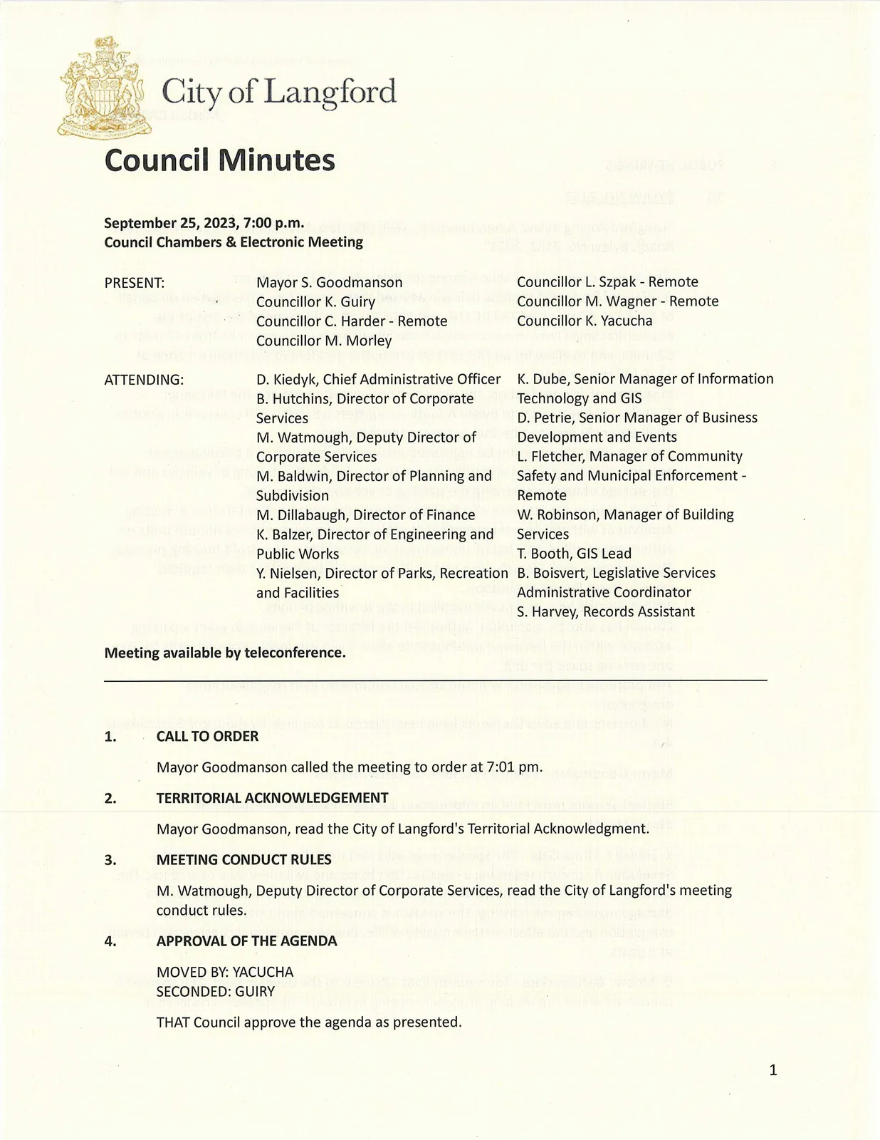 First page of Council minutes showing attendance and meeting start
