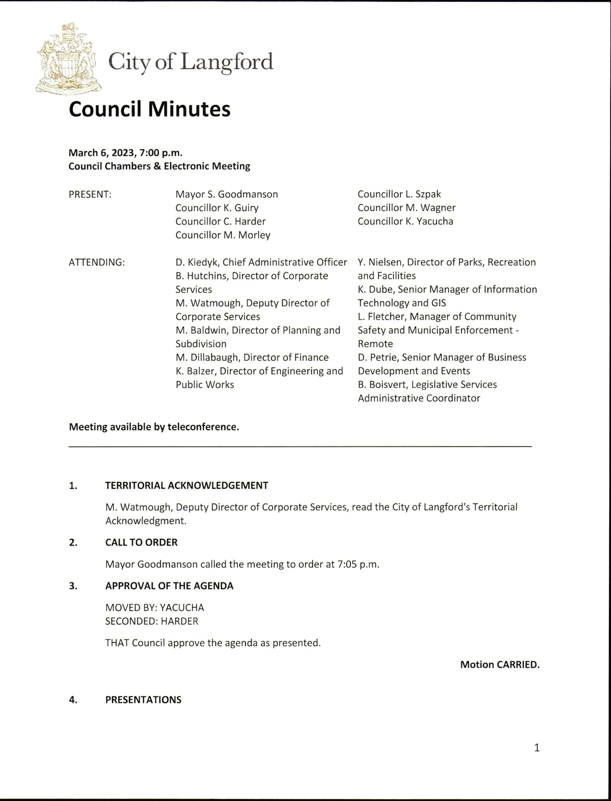 scan of page 1 of the Council Minutes