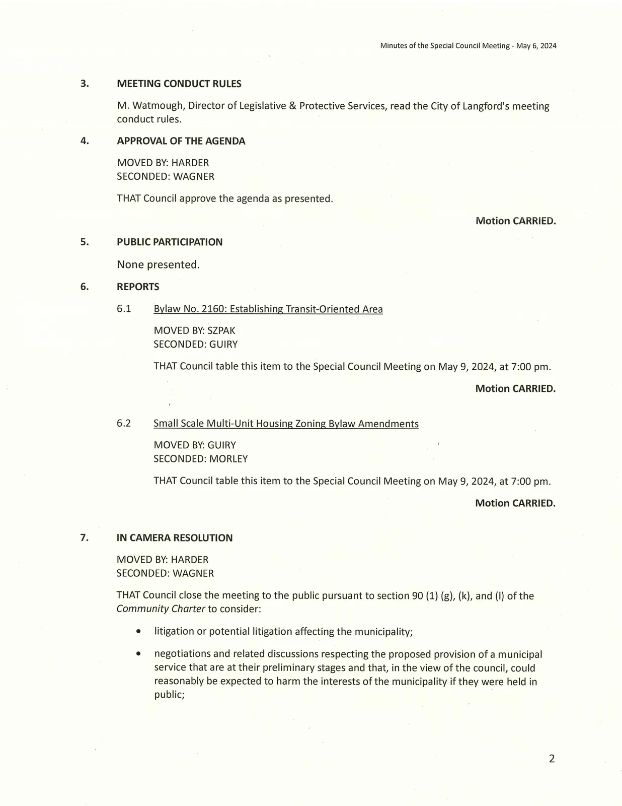 Page 2 — meeting conduct rules, agenda approval, and reports