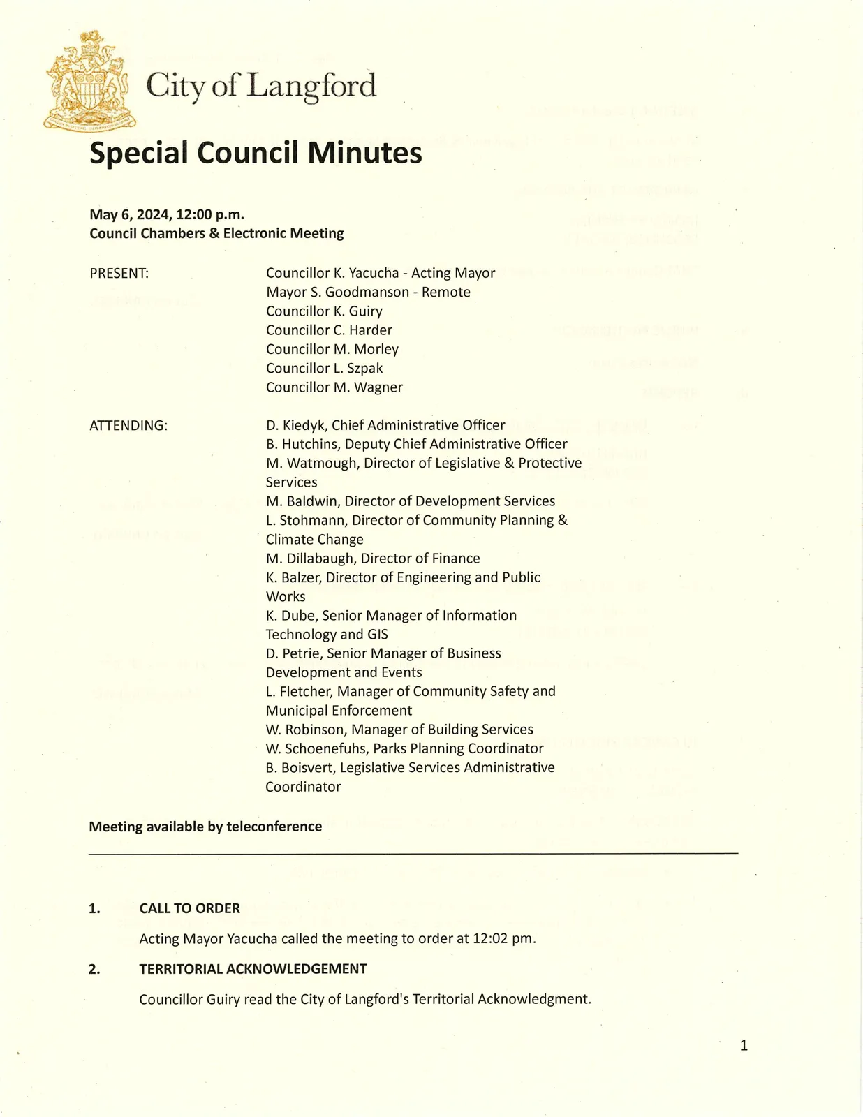 Page 1 — meeting attendance and call to order