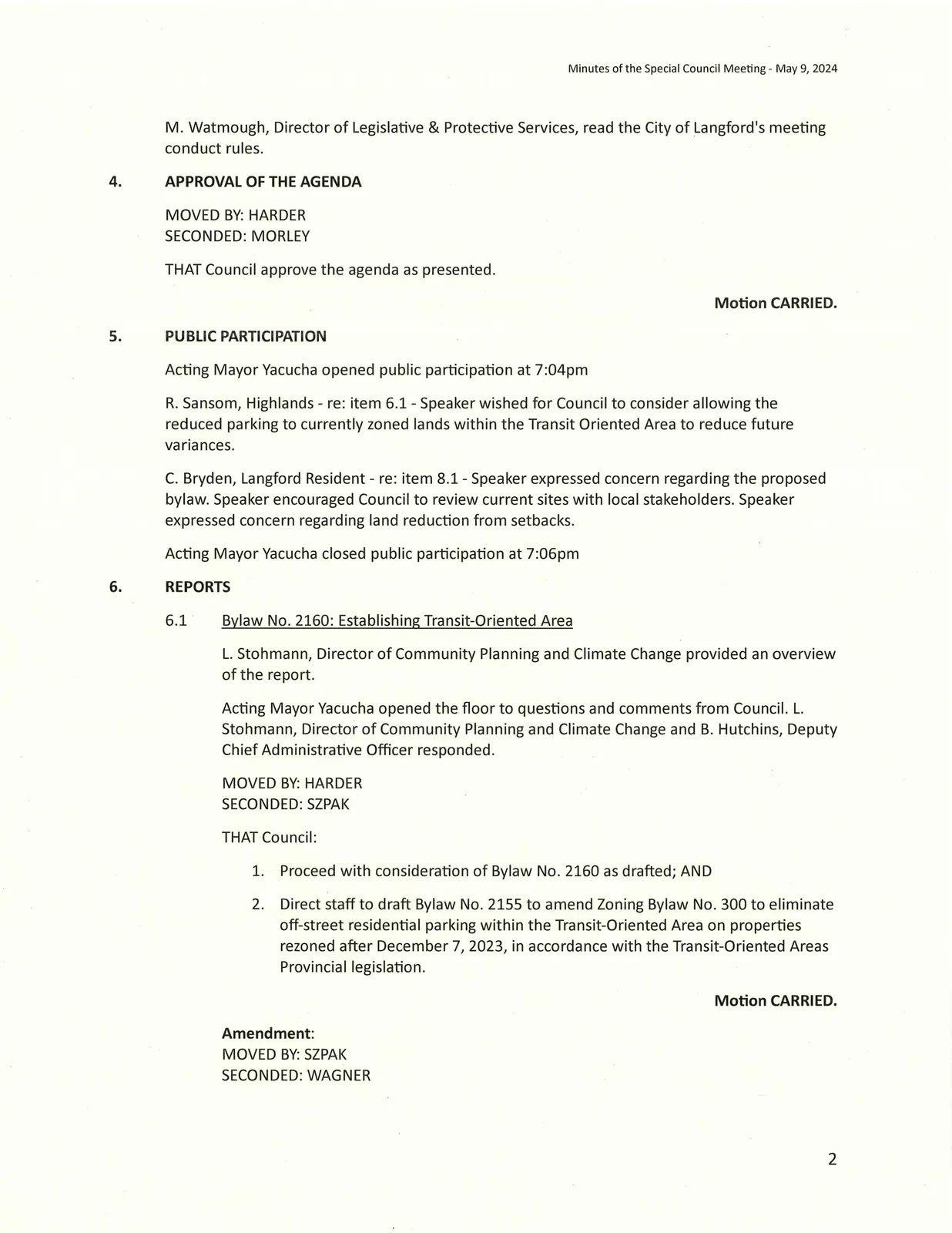 Page 2 of minutes — meeting conduct rules, approval of agenda, public participation