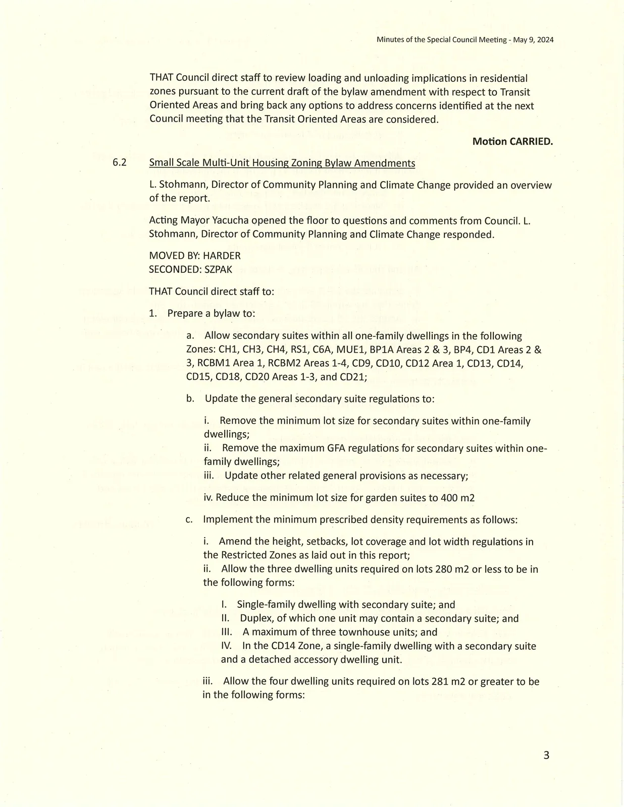 Page 3 of minutes — Bylaw No. 2160 and amendment motion