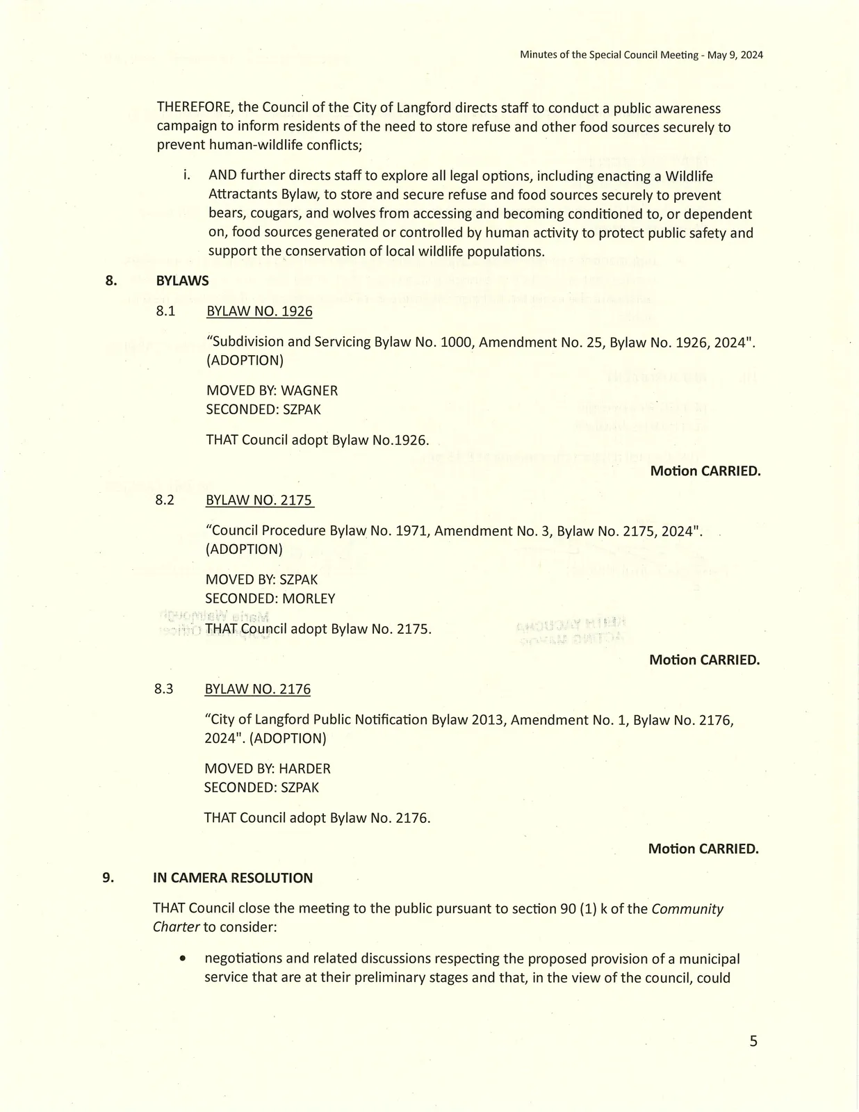 Page 5 of minutes — Notice of Motion: Managing Wildlife Attractants