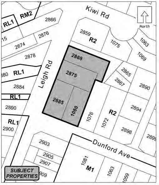 Map showing 2869, 2875, 2885 Leigh Road and 1080 Dunford Avenue shaded