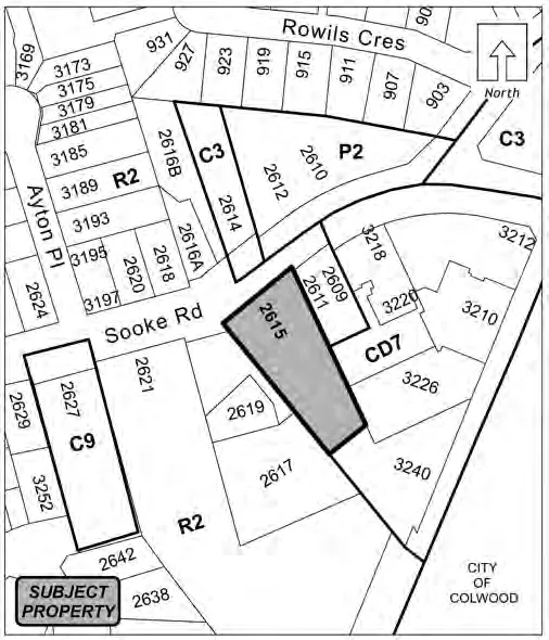 Public Hearing location map showing 2615 Sooke Road shaded