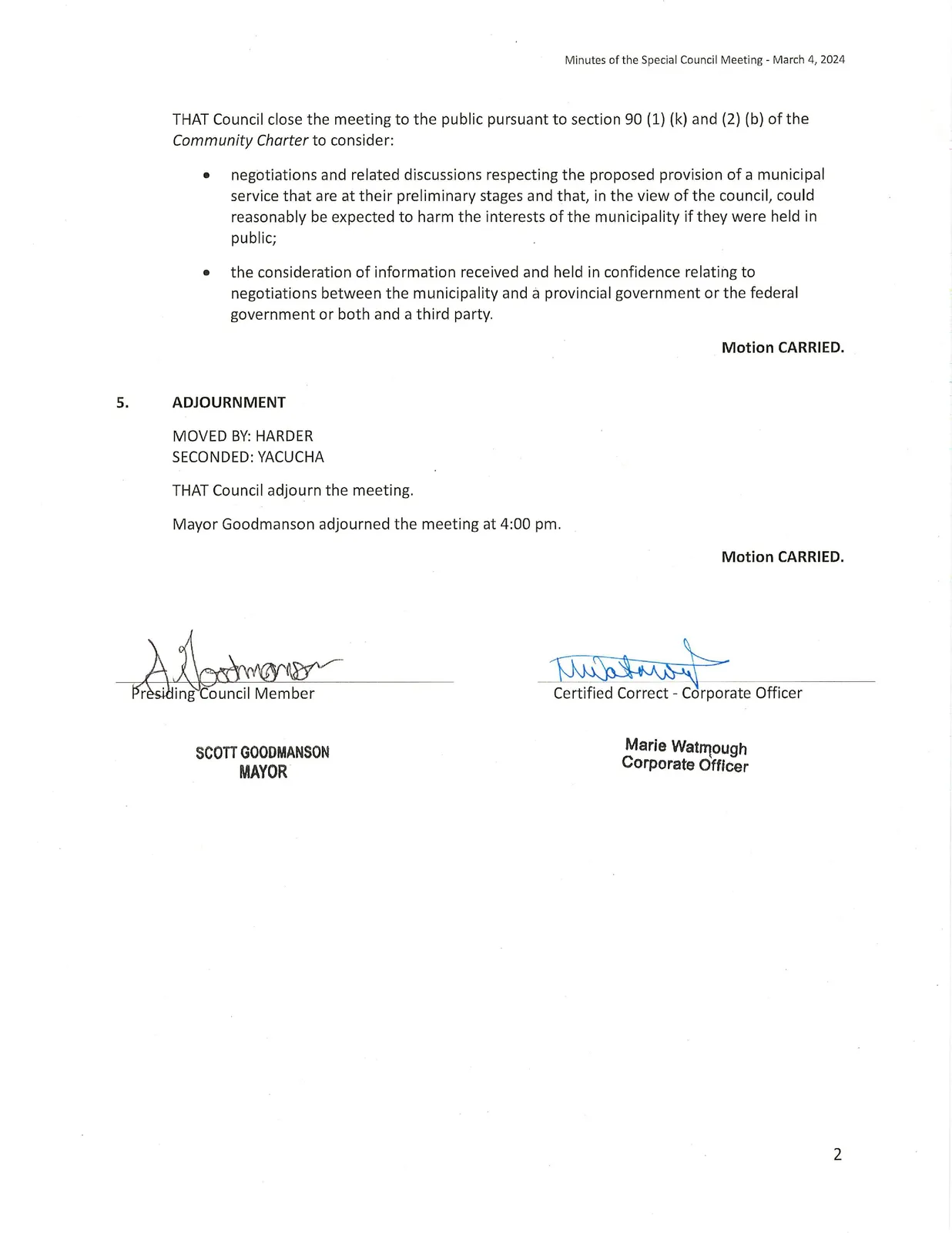 Page 2 — in-camera resolution text, adjournment motion, and meeting close