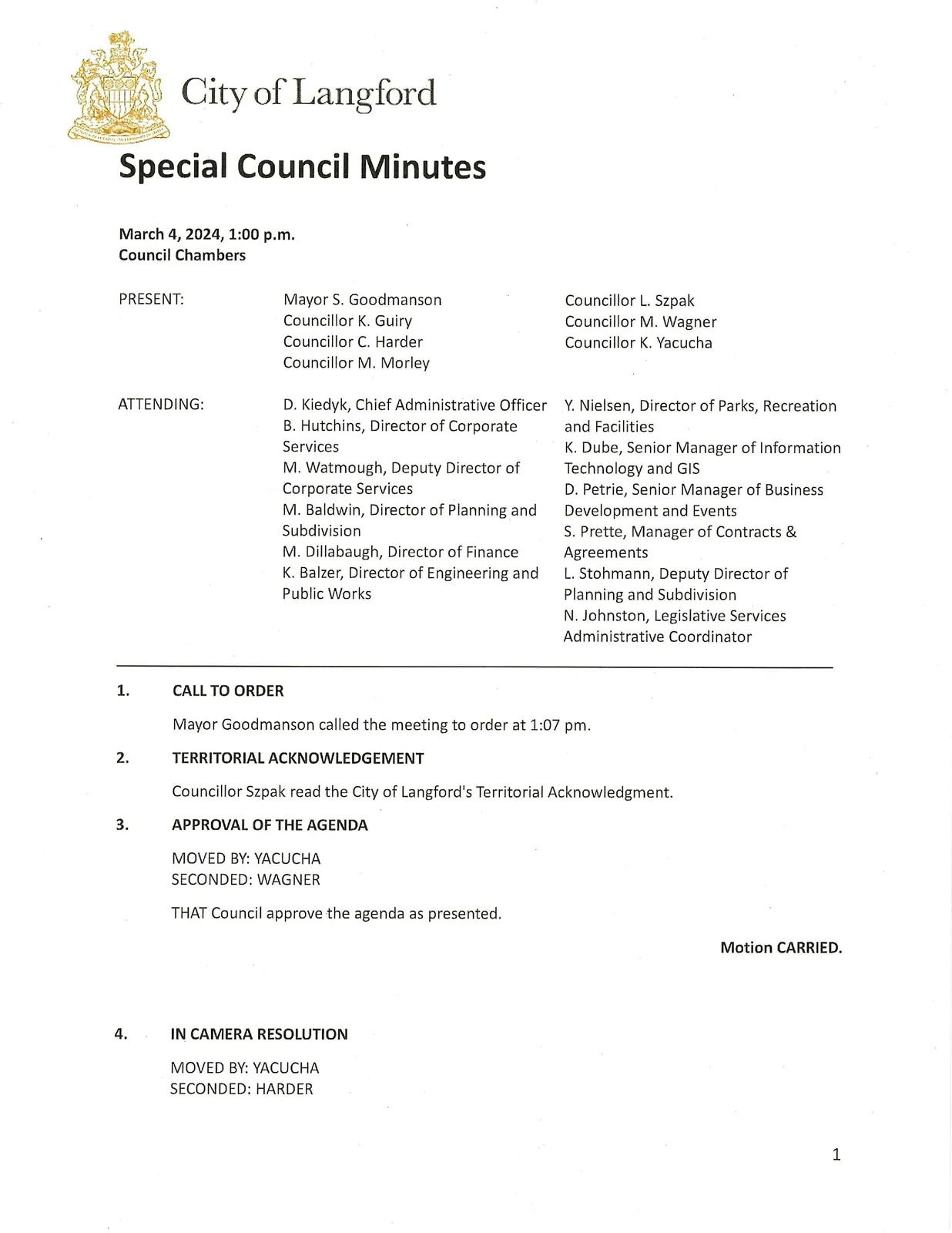Page 1 — meeting heading, attendance list, and opening items