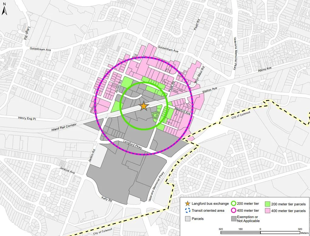 Appendix A map showing the Transit-Oriented Area (area within a 400 metre radius of the Langford Exchange) referenced in Bylaw No. 2160