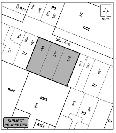 Map showing 975, 979 and 983 Bray Avenue shaded