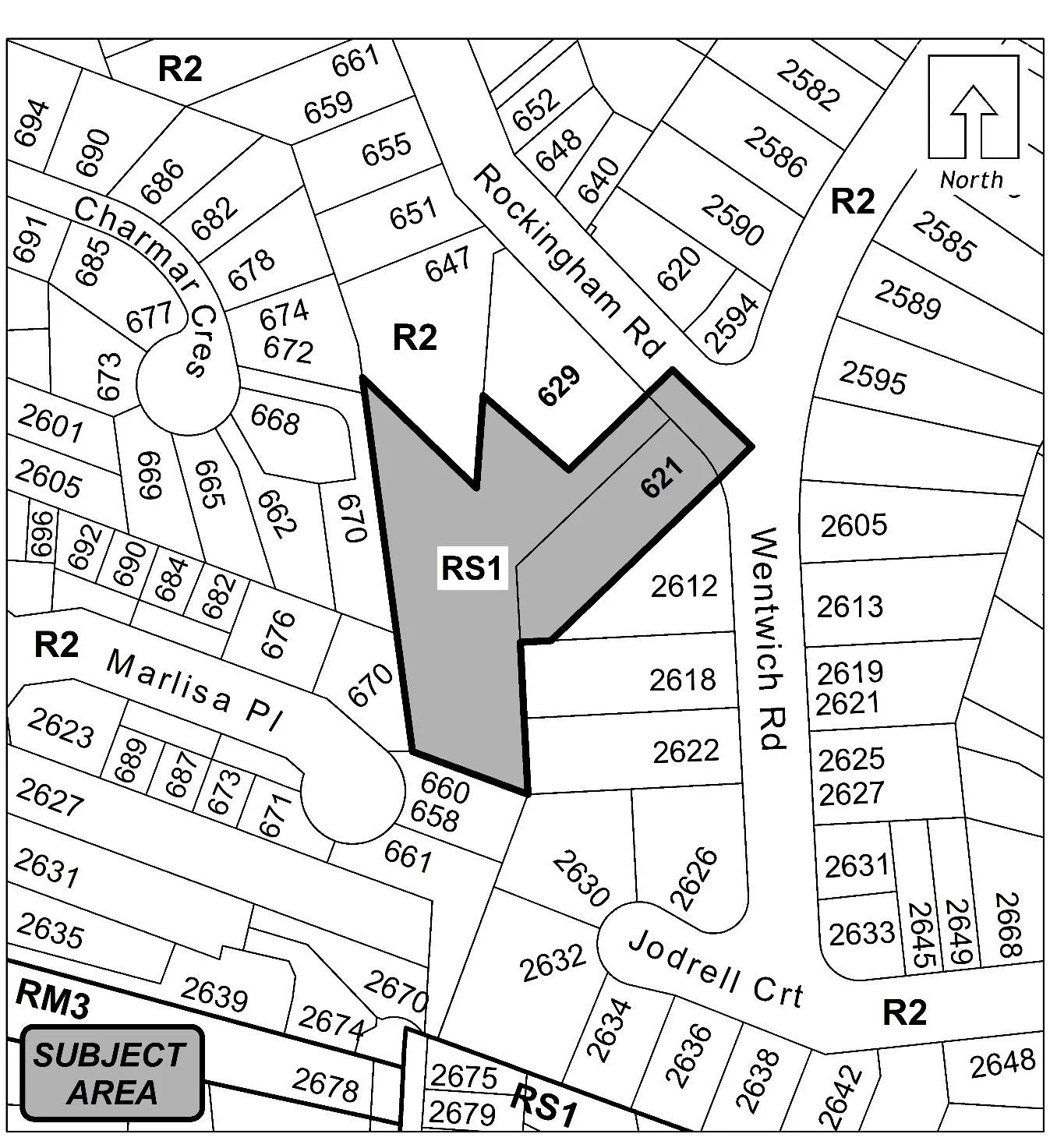 Plan No. 1 / Schedule A showing shaded portions of 621 and 629 Rockingham Road