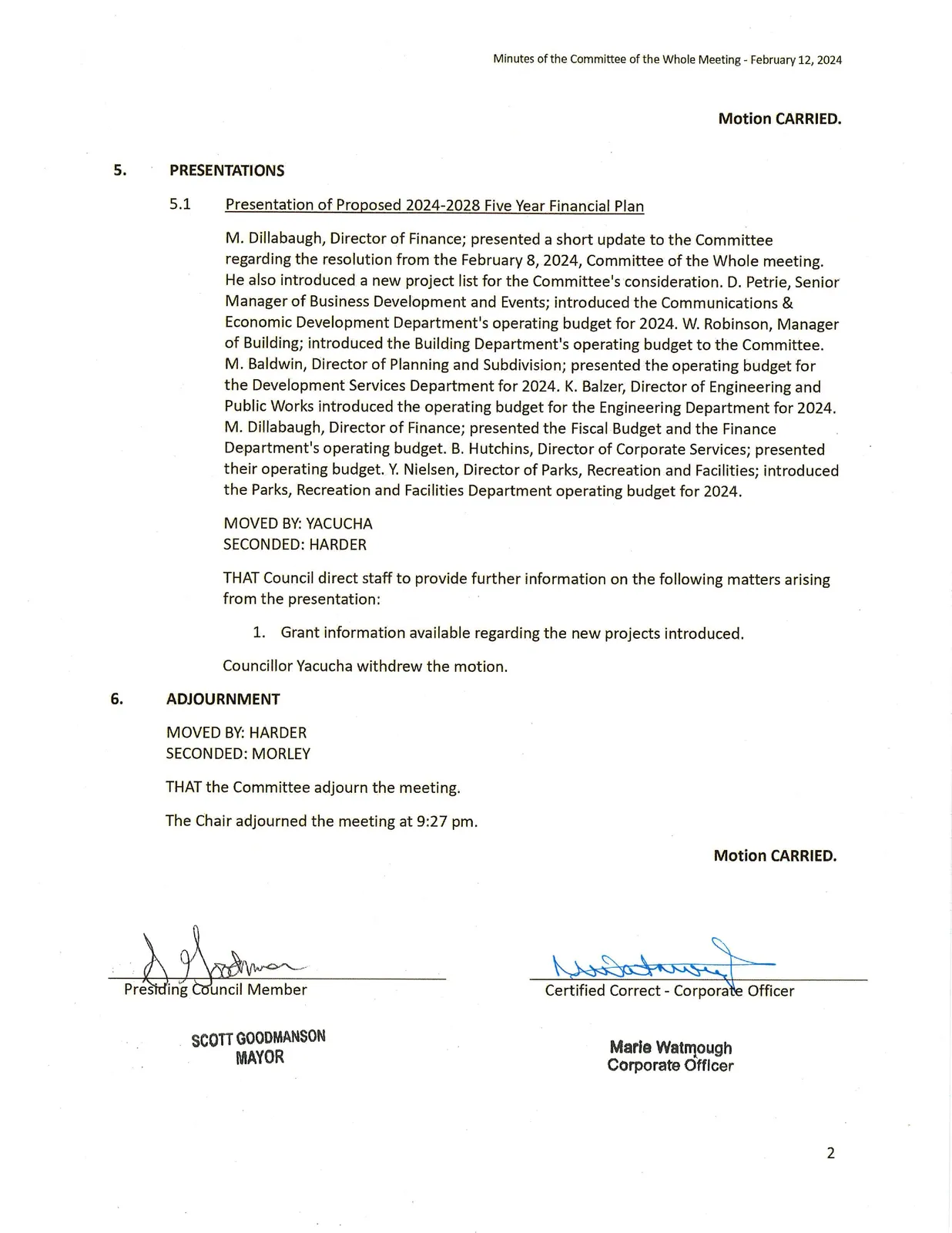 Page image showing presentation summary and adjournment