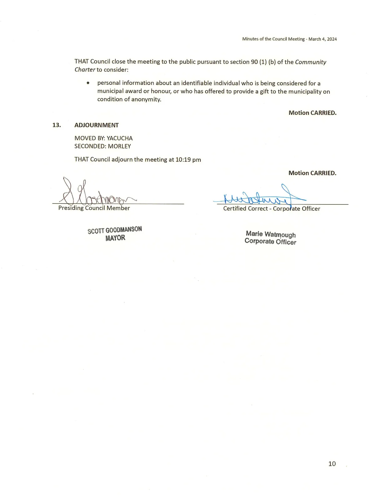 Scanned page of meeting minutes (page 10)