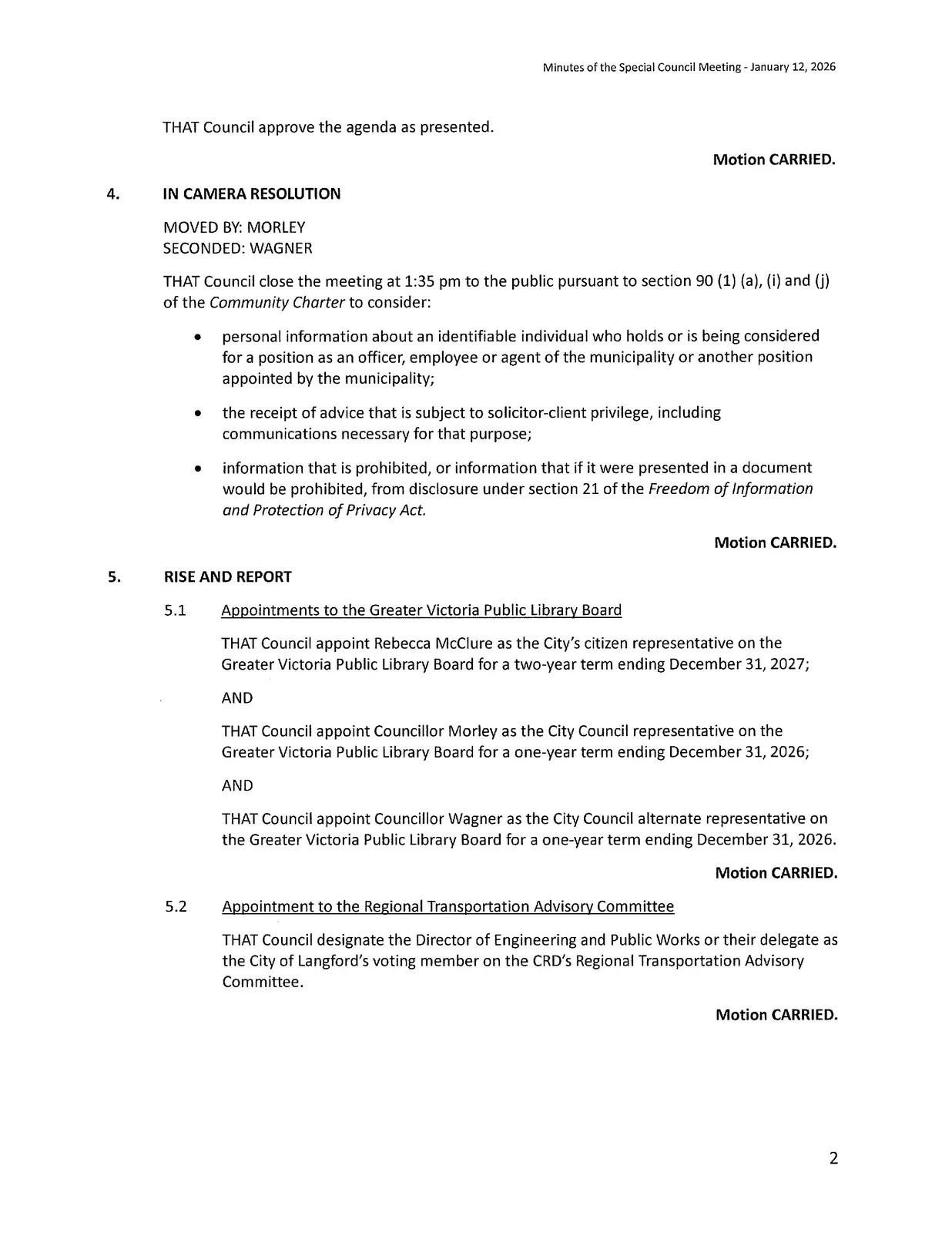 Scan of page 2 of the Special Council meeting minutes