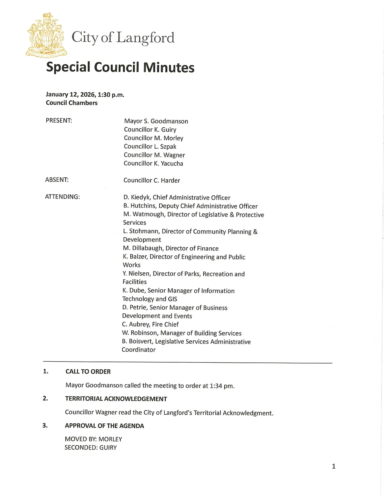 Scan of page 1 of the Special Council meeting minutes