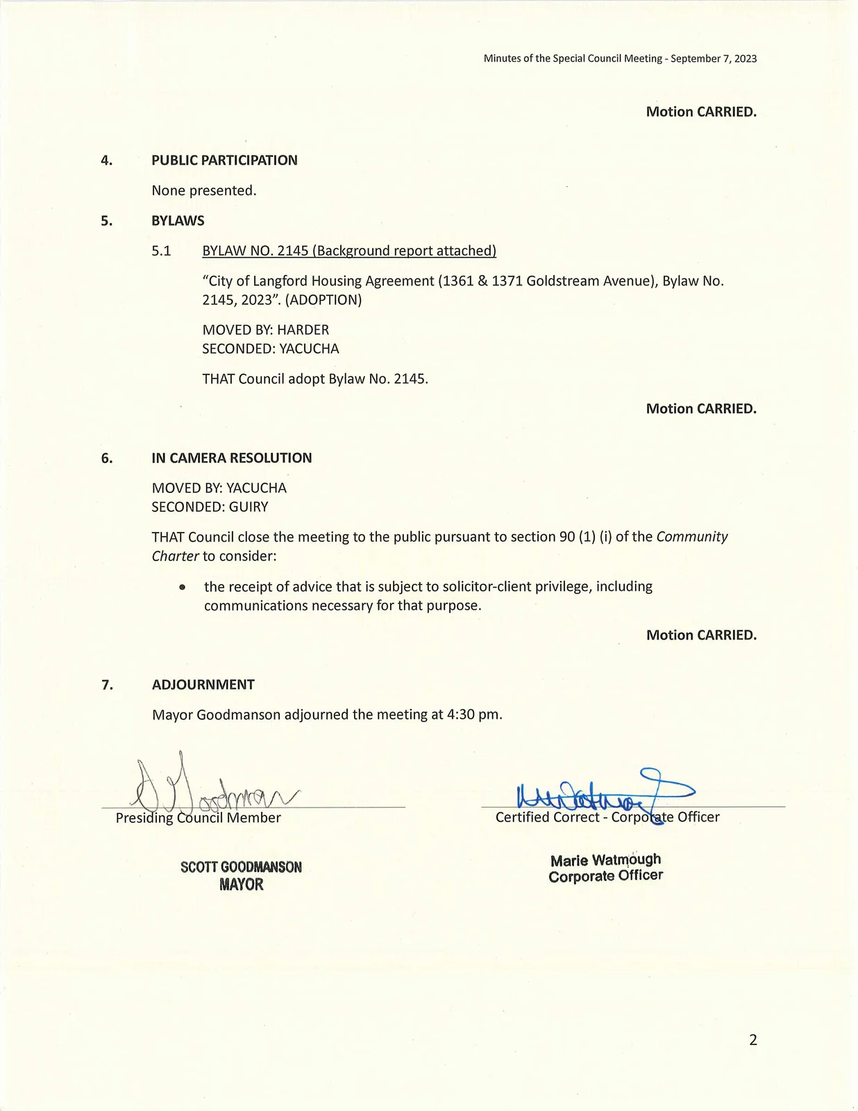 Minute certification, bylaws adoption and in-camera resolution