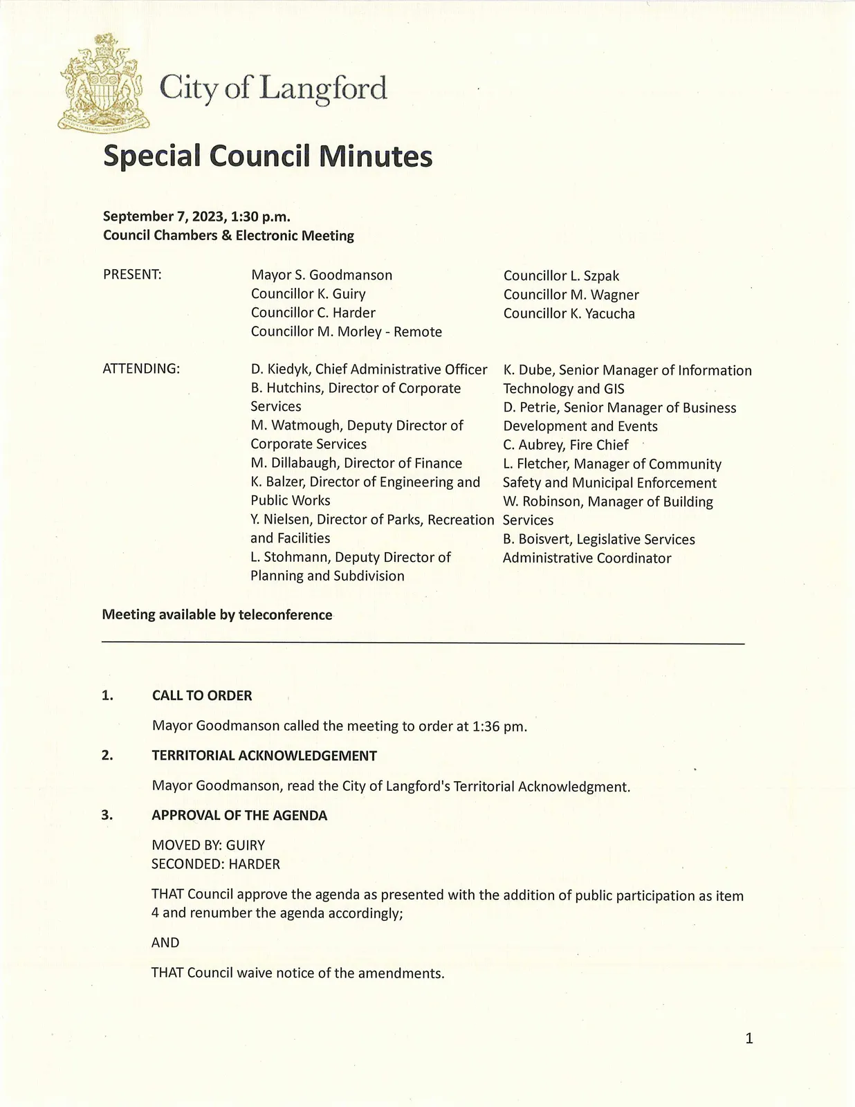 Meeting attendees list and call to order