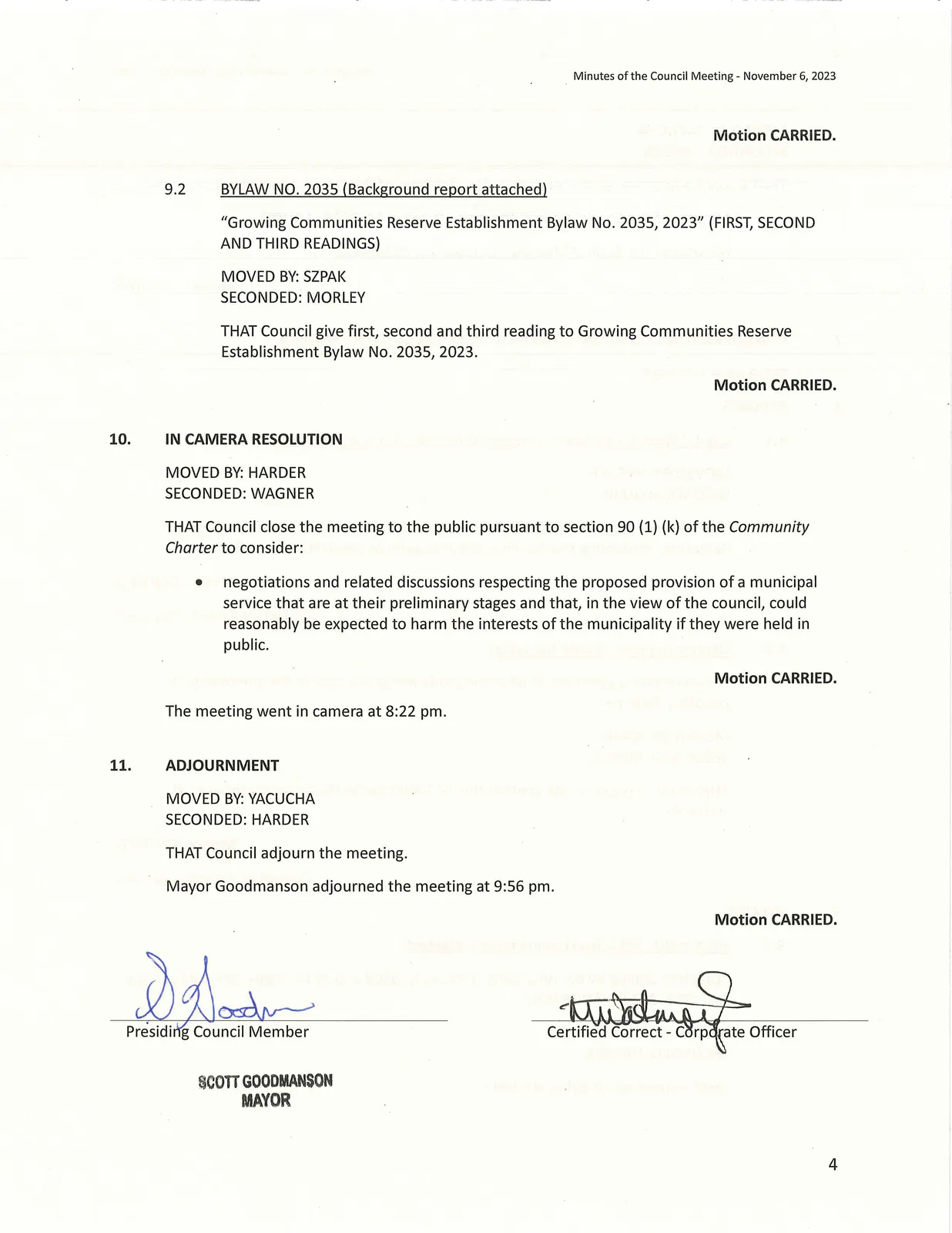 Page 4 – Bylaw 2035, In Camera resolution, and Adjournment