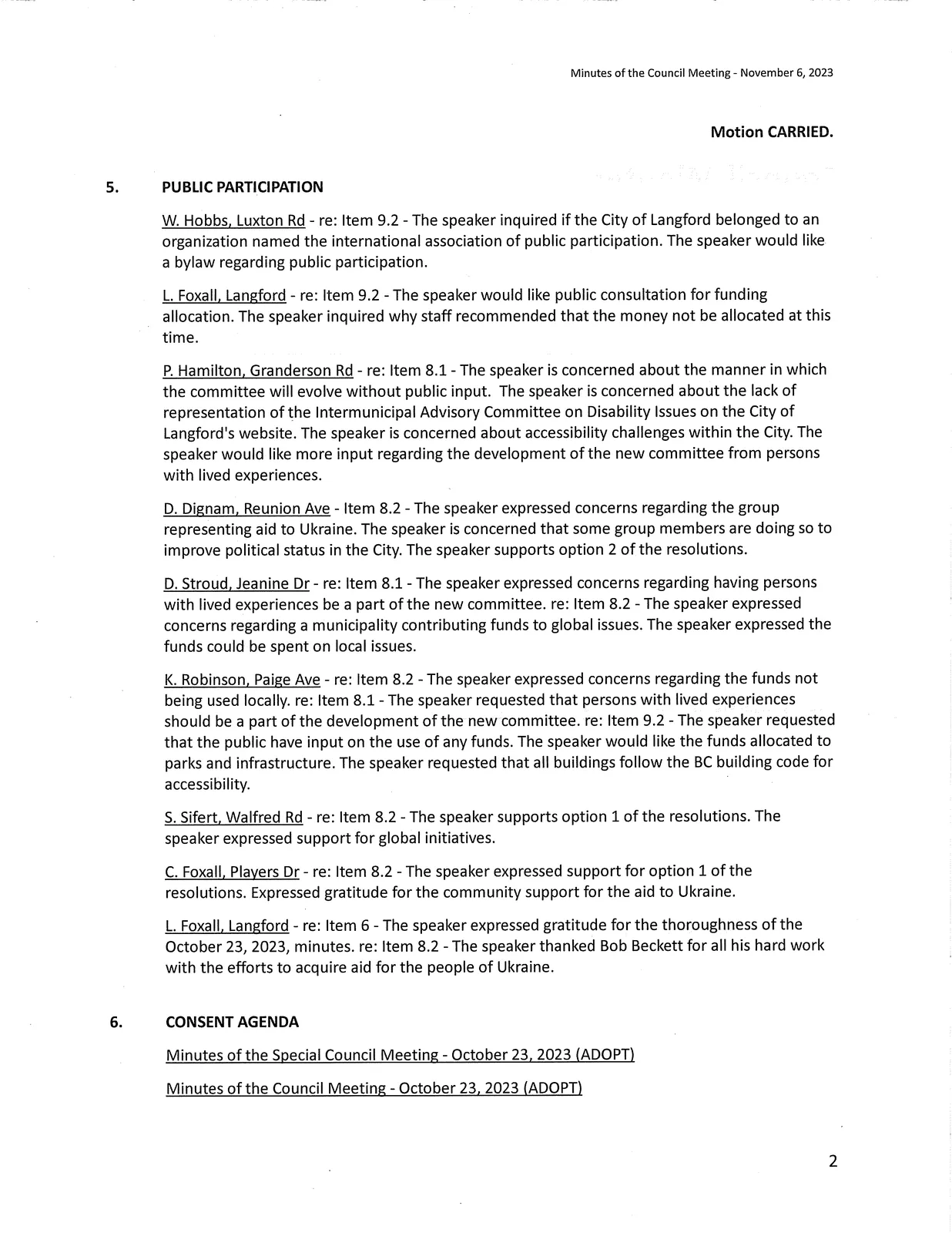 Page 2 – Public Participation and beginning of Consent Agenda