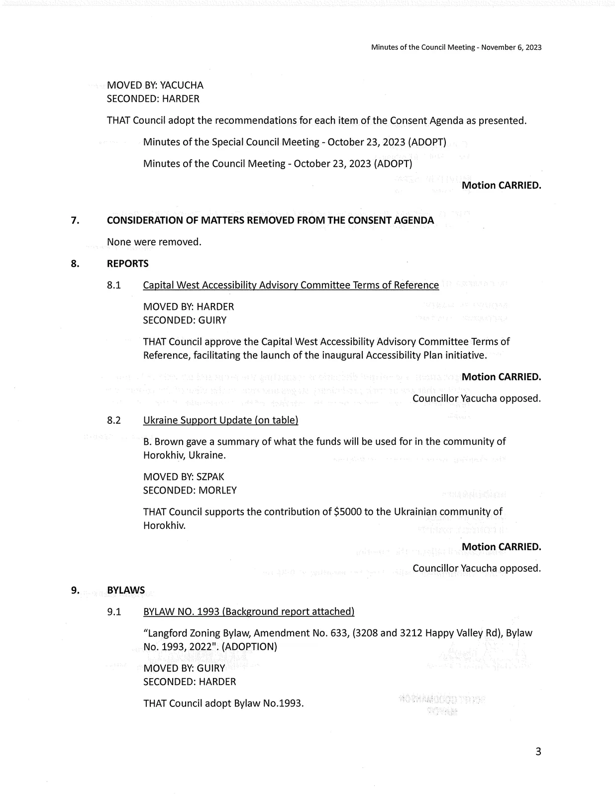 Page 3 – Continuation of Minutes, Reports and Bylaw 1993 adoption