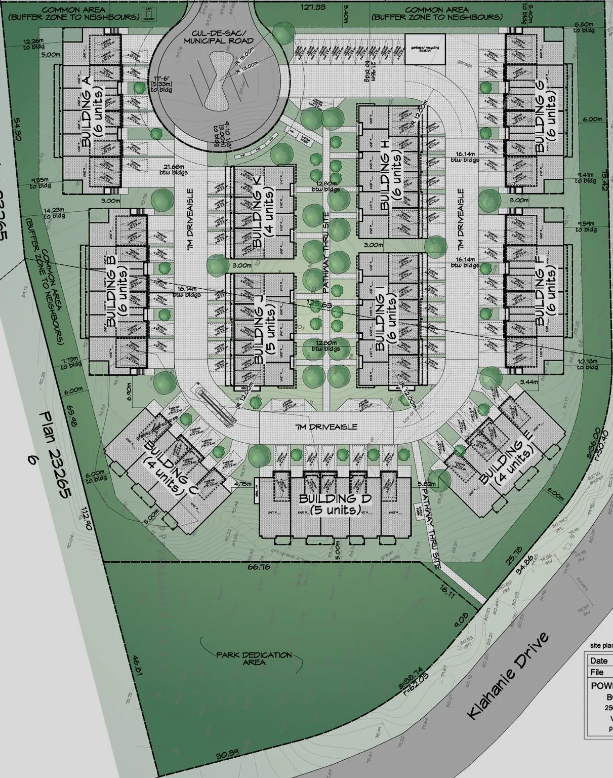 Site plan annotated with greenspace buffer, park donation and riparian area (photo overlay)
