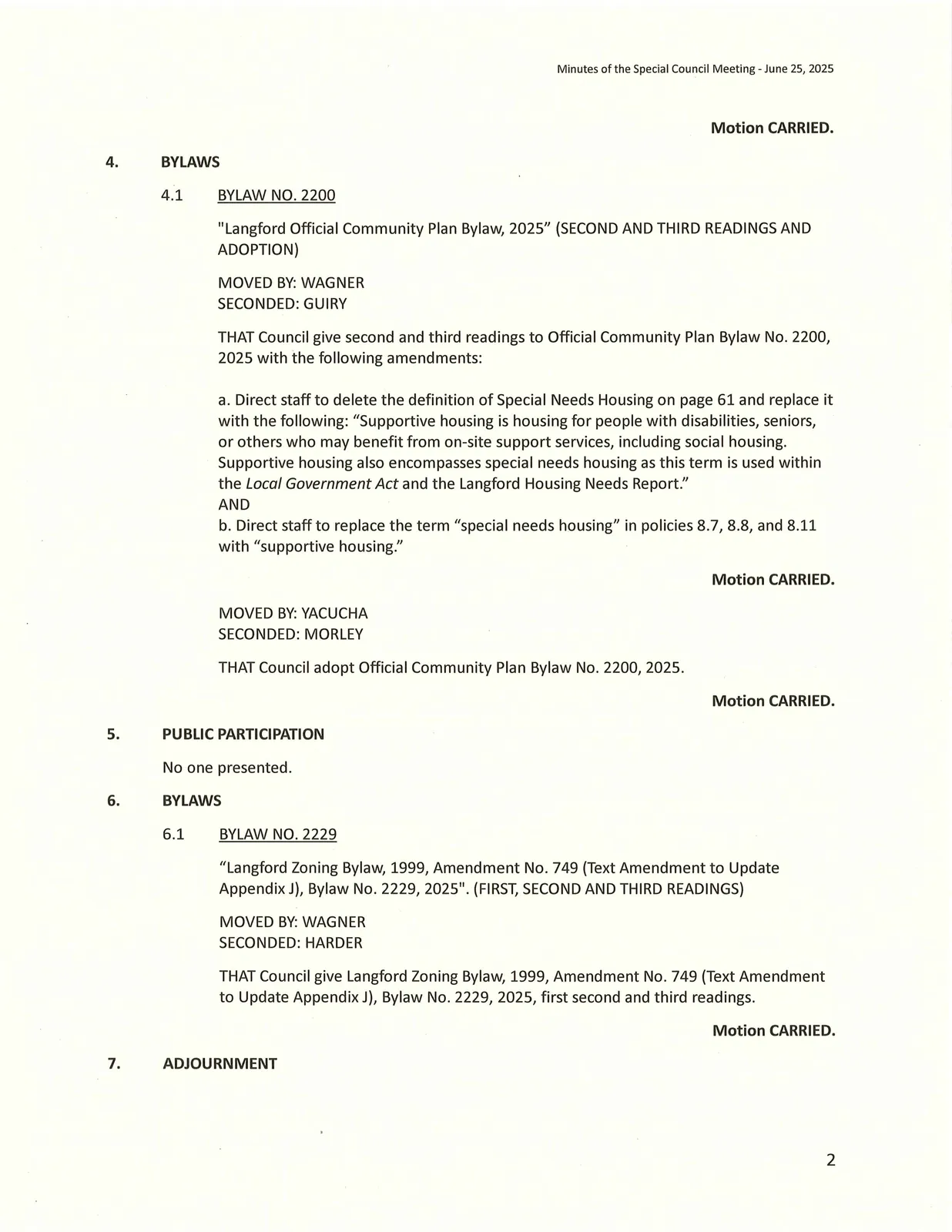 Bylaw readings and motions relating to Official Community Plan Bylaw No. 2200