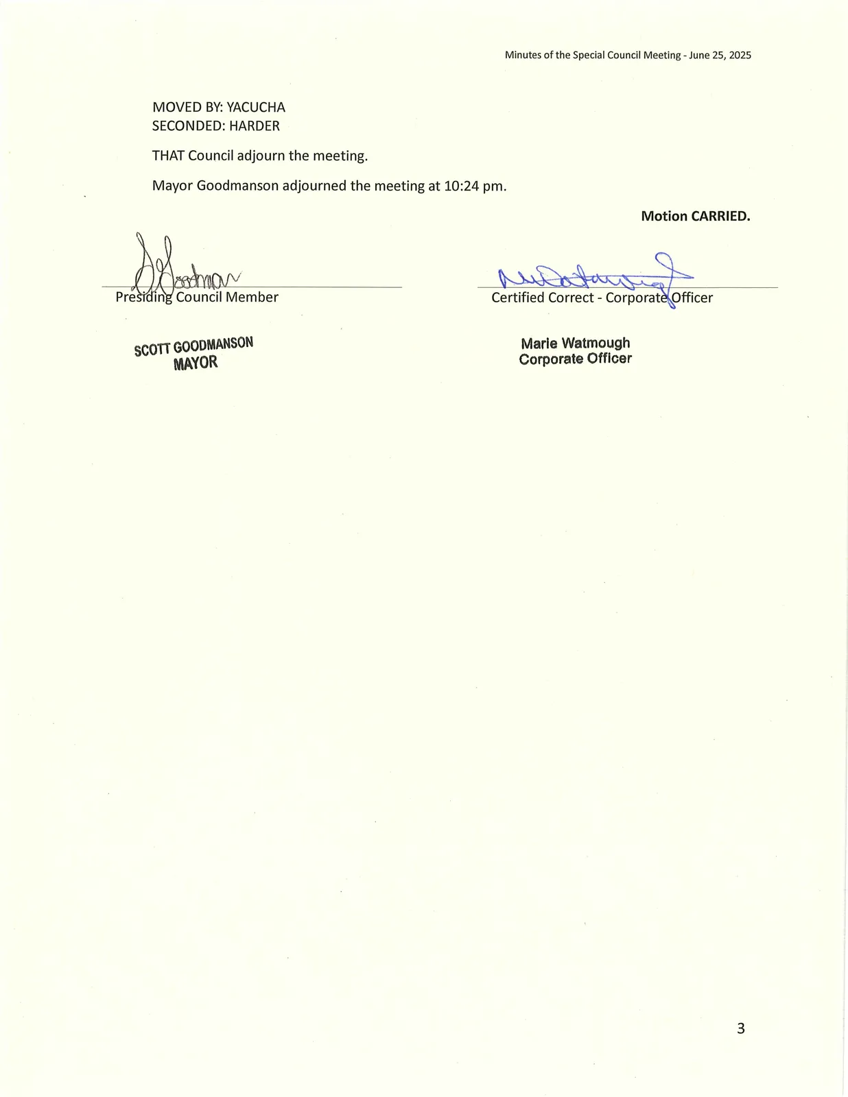 Meeting adjournment and certification page